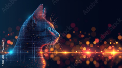 a cat's head is shown in front of a dark background with bright lights and a blurry image of a cat's head. photo
