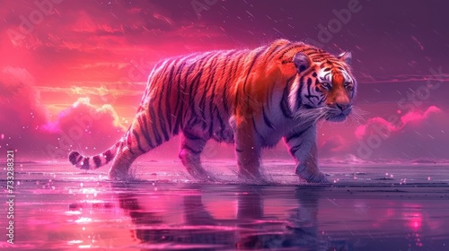 a tiger walking across a body of water with a pink sky in the back ground and clouds in the background. © Jevjenijs