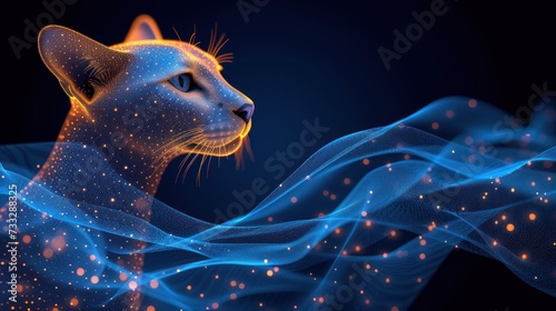 a close up of a cat's face with a background of blue and orange lines and stars in the sky. photo