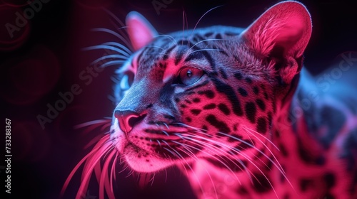 a close up of a cat with a red light on it's face and a blurry background behind it. photo