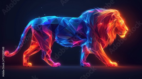a lion made up of polygonal shapes on a dark background with a blue and red light coming from the top of it. © Jevjenijs