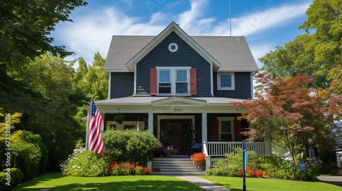 Cute American national home with the American flag flying proudly. American culture and patriotism concept © Sunny
