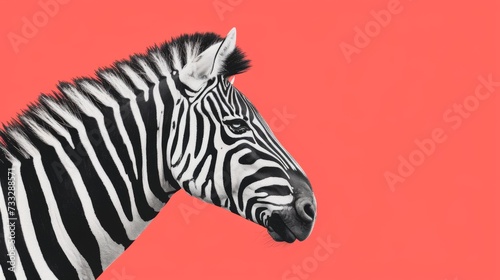 Black and white minimal illustration of a zebra in vector style. Animal art. Simple colors and contours on red background.