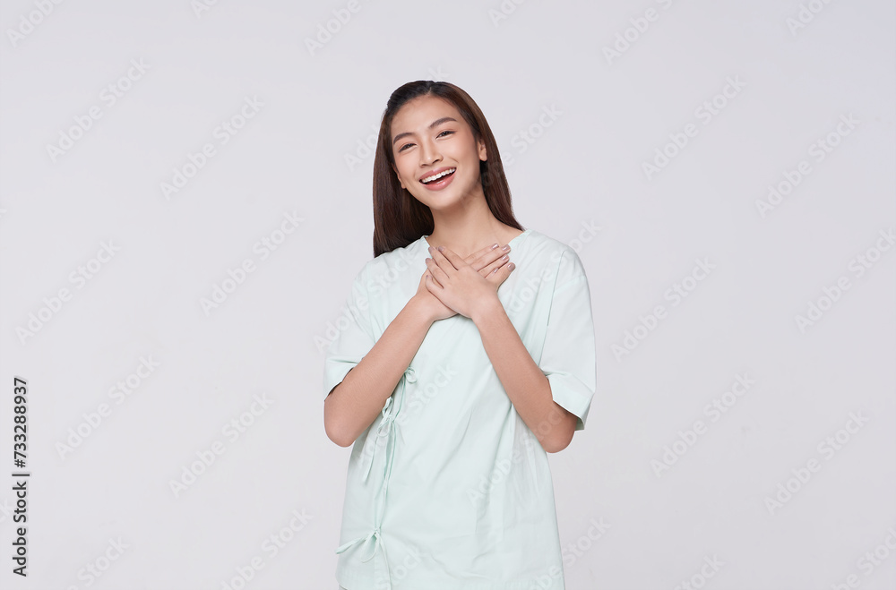 Happy asian woman patient gesture hope trust care isolated on white studio background. life insurance and coverage concept. Happy asian woman patient gesture hope trust care isolated on white studio background. life insurance and coverage concept.