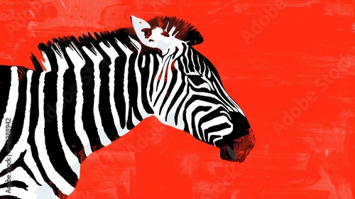 Black and white minimal illustration of a zebra in vector style. Animal art. Simple colors and contours on red background.