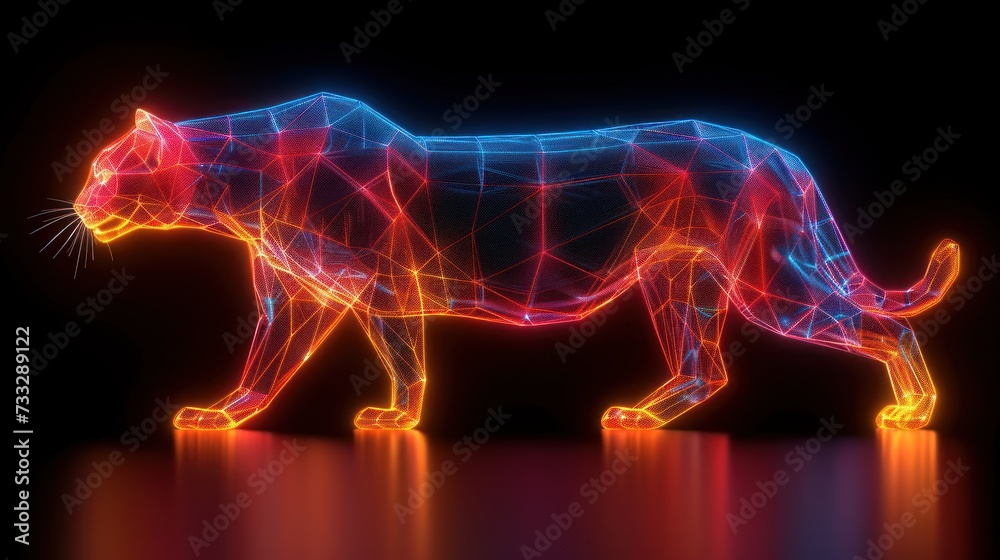 a neon picture of a tiger on a black background with red, blue, and yellow lines on it's body.