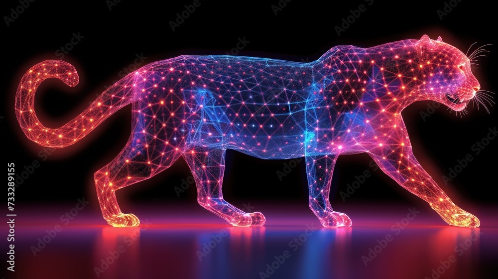 a cat made up of glowing lights on a black background with a red and blue light shining through the cat's body.