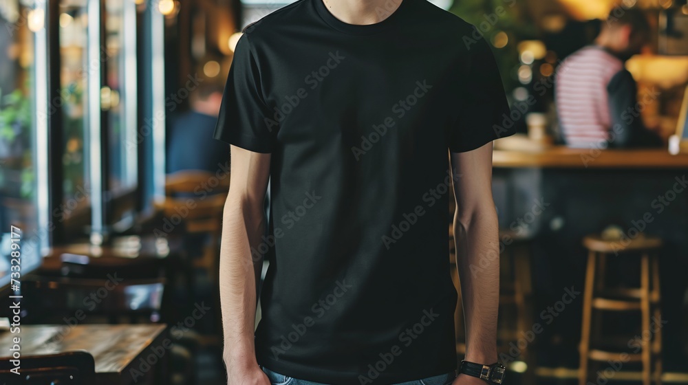 Young Model Shirt Mockup, man wearing black t-shirt in coffee shop in daylight, Shirt Mockup Template on hipster adult for design print, Male guy wearing casual t-shirt mockup placement Young Model Shirt Mockup, man wearing black t-shirt in coffee shop in daylight, Shirt Mockup Template on hipster adult for design print, Male guy wearing casual t-shirt mockup placement