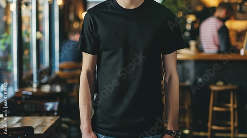 Young Model Shirt Mockup, man wearing black t-shirt in coffee shop in daylight, Shirt Mockup Template on hipster adult for design print, Male guy wearing casual t-shirt mockup placement photo