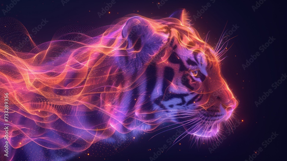 a close up of a tiger's face with a lot of light streaks on it's face and a black background.