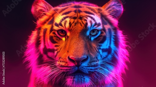 a close up of a tiger s face with multicolored lights on it s face and a black background.