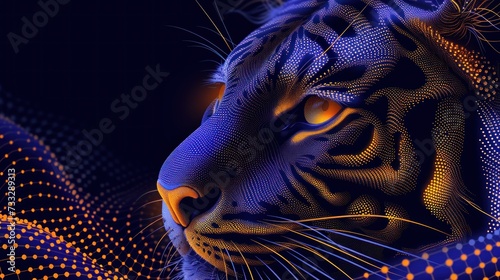 a close up of a tiger's face on a black background with a blue and yellow pattern on it. © Jevjenijs