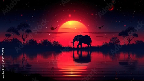 an elephant standing in front of a sunset with birds flying in the sky and a body of water in the foreground.