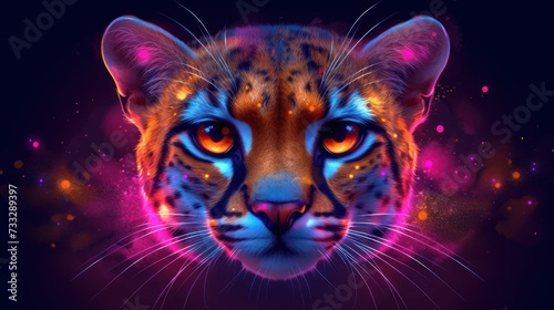 a close up of a tiger's face on a dark background with bright lights and a splash of paint. © Jevjenijs