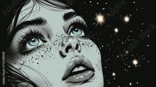 a drawing of a woman's face with blue eyes and stars in the background of the image is a black and white drawing of a woman's face with blue eyes and stars. photo
