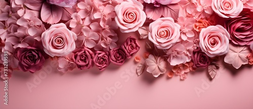 Various types of pink roses are arranged in harmony with a certain amount of pink background space.