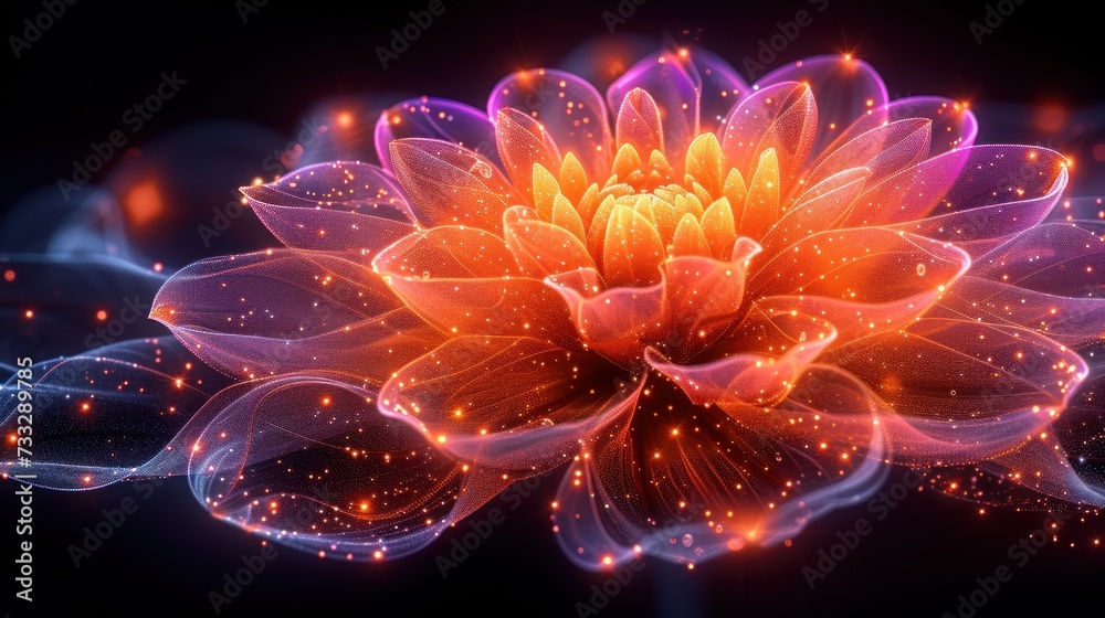 a close up of a flower with a lot of lights in the middle of the petals on a black background. a close up of a flower with a lot of lights in the middle of the petals on a black background.