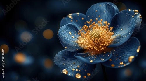 a close up of a blue flower with drops of water on it's petals and a blurry background. photo