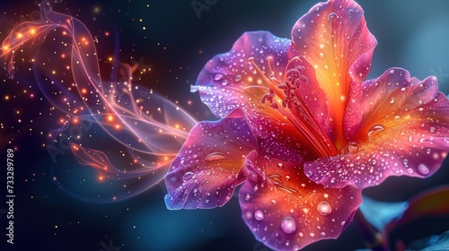 a close up of a pink flower with drops of water on its petals and a blue background with stars and swirls. photo