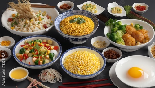 A variety of foods are displayed on a table, including corn, broccoli, and noodles