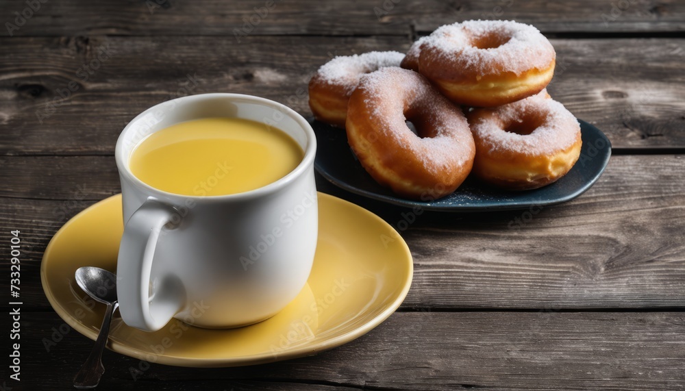 A cup of coffee and two sugar donuts on a wooden table A cup of coffee and two sugar donuts on a wooden table