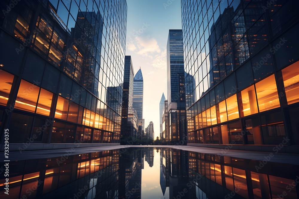 A view from the road between high-rise buildings made entirely of glass