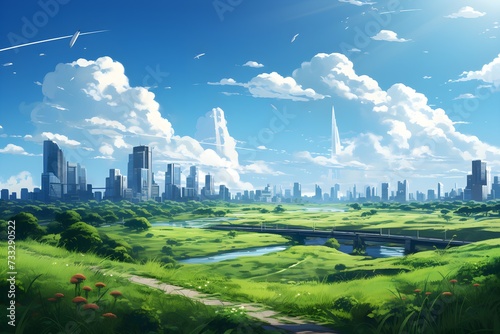 View of the city from a field far from the city on a cloudy clear day © 일 박