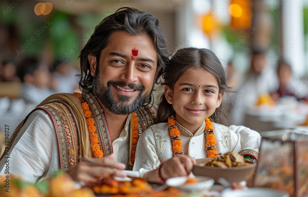 Fototapeta premium Image of a contented Indian family: mother, father, and daughter dressed in traditional garb, seated around a table for breakfast, lunch, or dinner