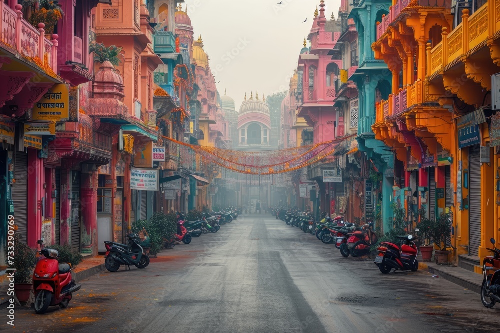 An empty street is bathed in the soft light of morning, its surface adorned with vibrant colors from the Holi festival, exuding a serene post-celebration atmosphere