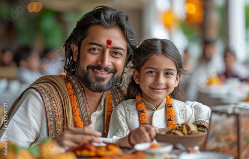 Image of a contented Indian family: mother, father, and daughter dressed in traditional garb, seated around a table for breakfast, lunch, or dinner