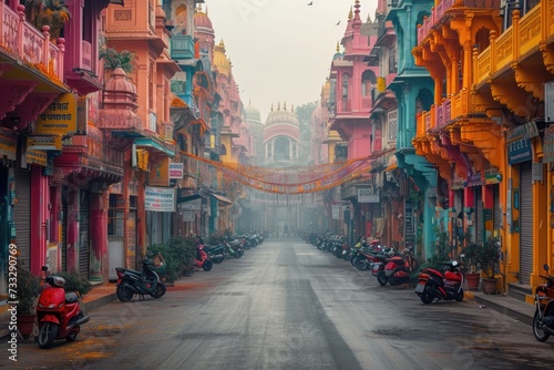 An empty street is bathed in the soft light of morning, its surface adorned with vibrant colors from the Holi festival, exuding a serene post-celebration atmosphere © netrun78