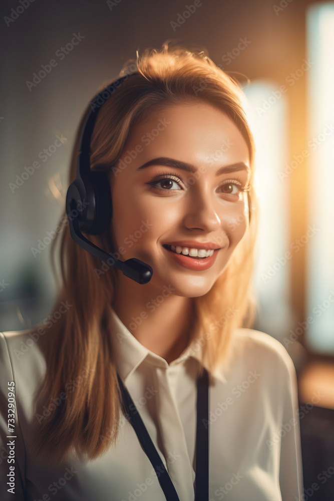 portrait of a woman call center operator with headphones portrait of a woman call center operator with headphones