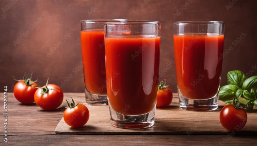 Three glasses of tomato juice on a wooden table Three glasses of tomato juice on a wooden table