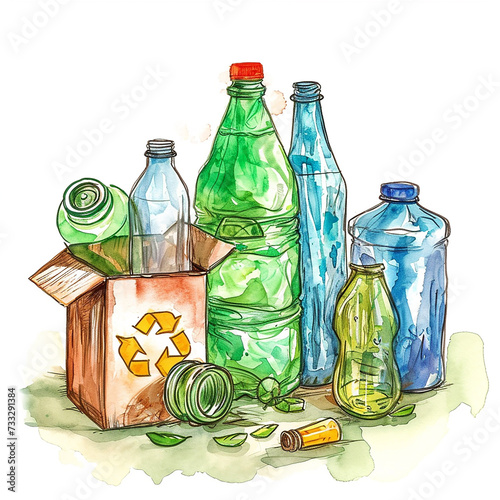 Global recycling day cartoon style watercolor illustration on white background
