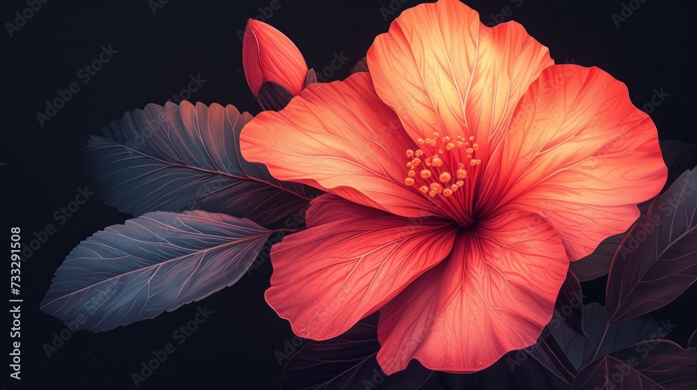 a close up of a pink flower with green leaves on a black background with a soft focus on the center of the flower. a close up of a pink flower with green leaves on a black background with a soft focus on the center of the flower.
