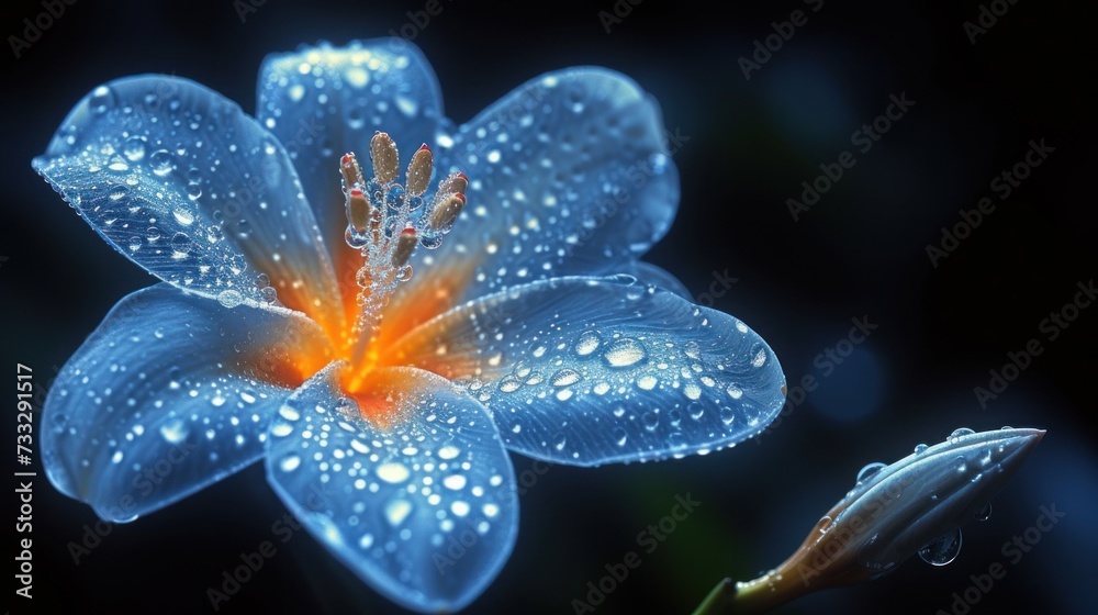 a close up of a blue flower with drops of water on it and a green stem in the foreground. a close up of a blue flower with drops of water on it and a green stem in the foreground.