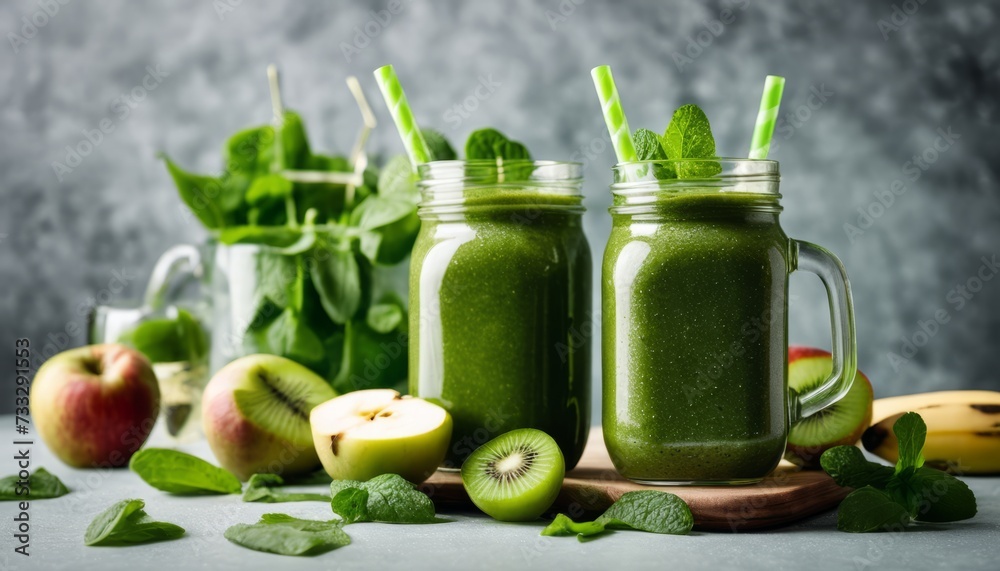 Two glasses of green smoothie with apples and kiwi Two glasses of green smoothie with apples and kiwi