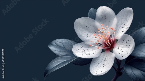 a close up of a white flower with green leaves on a black background with a red stamen in the center. photo