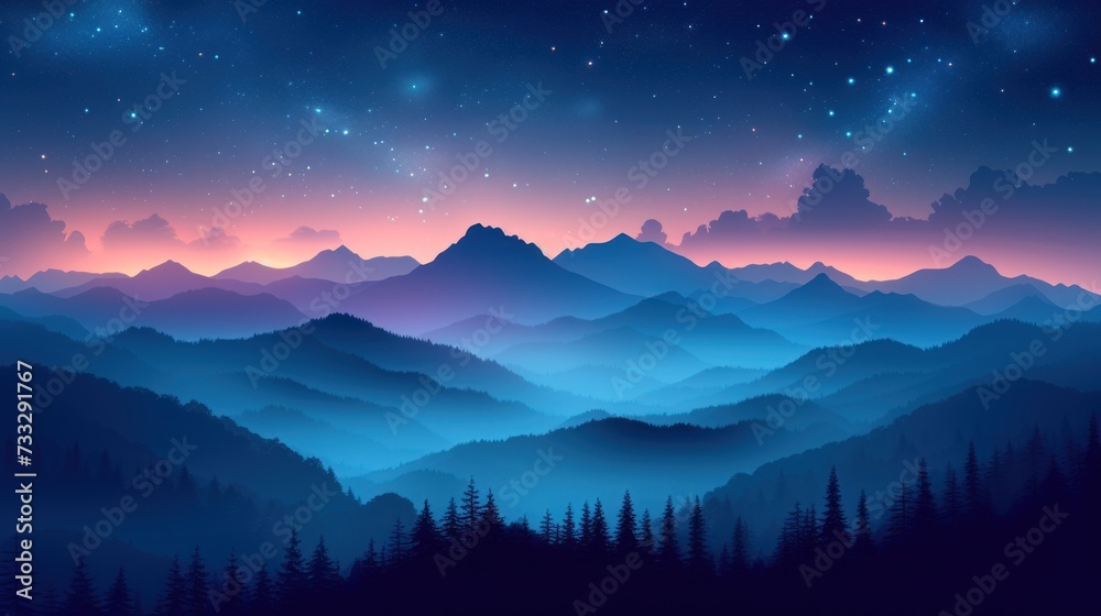 a night scene with mountains and trees in the foreground and a sky full of stars and clouds in the background.