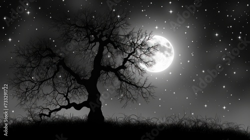 a black and white photo of a tree at night with the moon in the sky and stars in the sky. © Jevjenijs