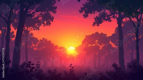 the sun is setting in the middle of a forest with many trees and bushes on either side of the sun.