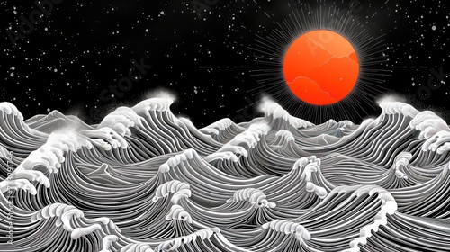a painting of waves with an orange sun in the middle of the picture and stars in the sky above it.
