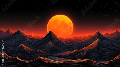 a painting of a mountain range with a large orange moon in the sky over the top of the mountain range.