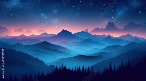 a night scene with mountains and trees in the foreground and a sky full of stars and clouds in the background.