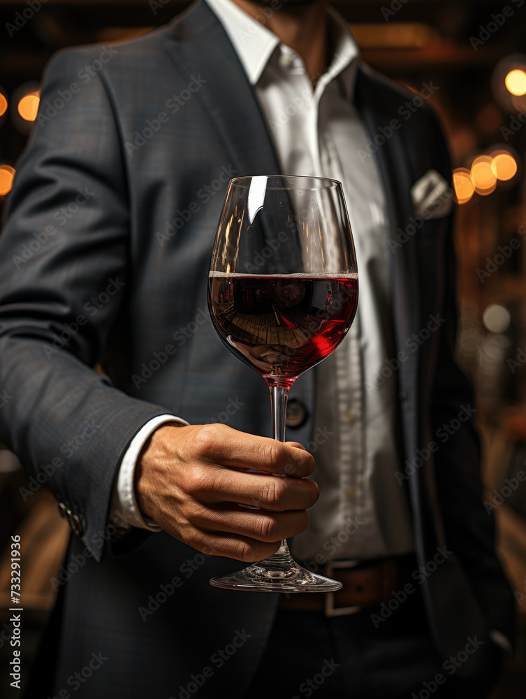 wine expert with glass of red wine during tasting in cellar or distillery in warehouse . wine expert with glass of red wine during tasting in cellar or distillery in warehouse .
