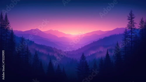 a painting of a sunset in the mountains with pine trees in the foreground and a purple sky in the background. © Jevjenijs