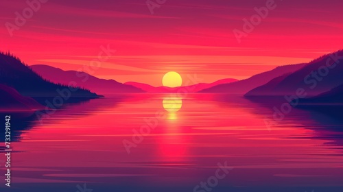 a painting of a sunset with mountains and a body of water in the foreground and the sun in the distance.