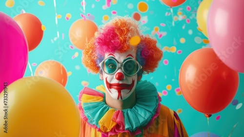 In the image, a person dressed as a clown with vibrant red hair, a painted white face, exaggerated red nose and lips, and round green glasses, is standing in front of a bright blue background. The clo
