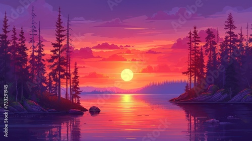 a painting of a sunset over a lake with trees in the foreground and a boat in the foreground.