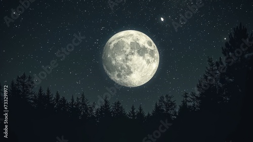 a full moon in the night sky with trees in the foreground and a few stars in the sky above.